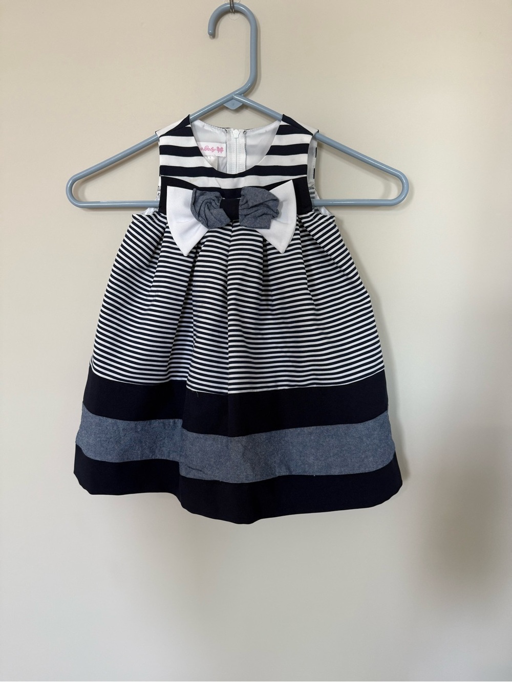 Bonnie Baby Navy & White Striped Dress with Front Bow